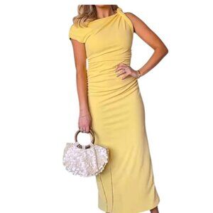 Milk & Honey Ruched Waist Twisted Strap Sleeveless Yellow Midi Dress
